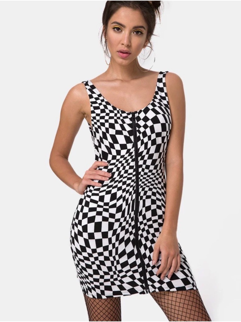 NWT Motel Rocks Black & White Optical Checkered Zip Front Mini Dress